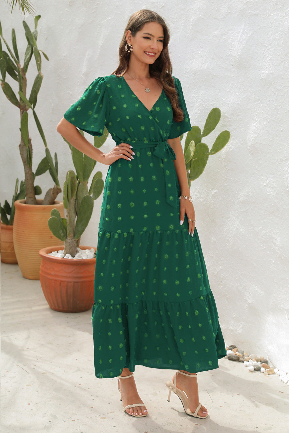 Damen Maxi Wickelkleid mit kurzen Ärmeln