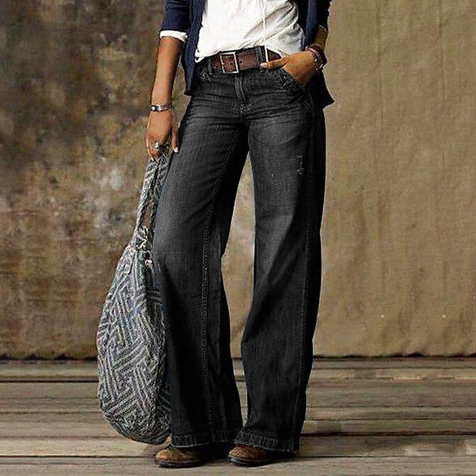 Damen Weites Bein Jeans mit Flacher Taille