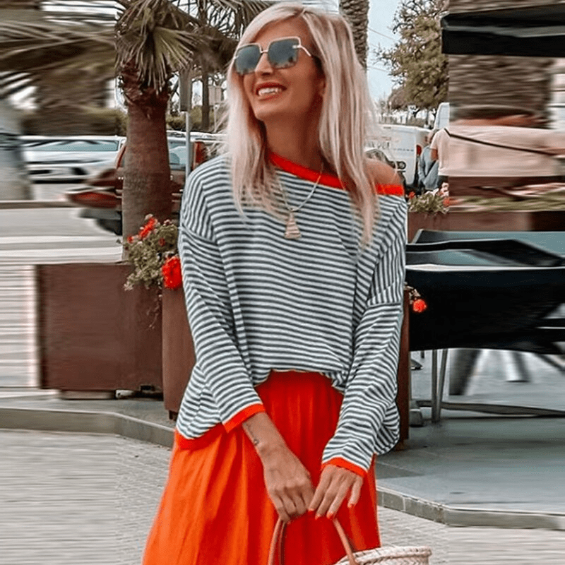 Damen Lockerer Pullover mit Gestreiftem Langarm-Oberteil