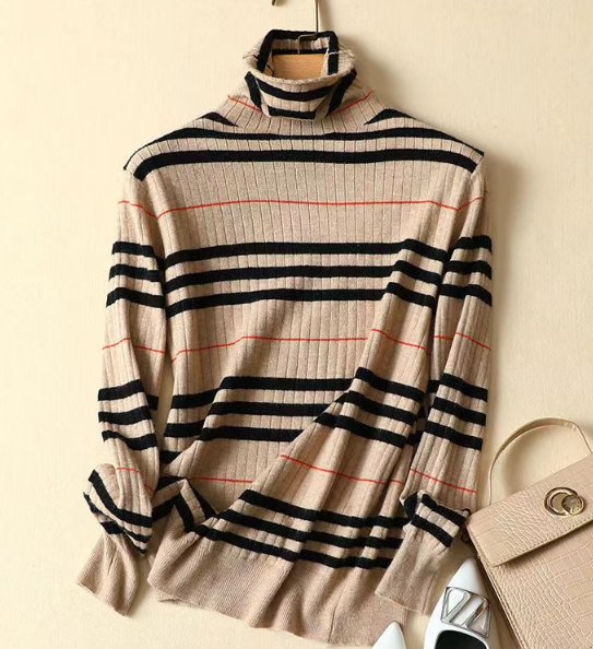 Damen Rollkragenpullover Langarm mit Gestreifter Rippmuster