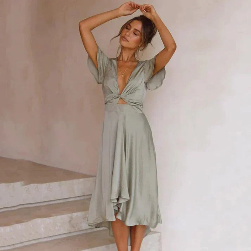 Damen Midikleid mit Tiefem V-Ausschnitt | Vordere Bindung