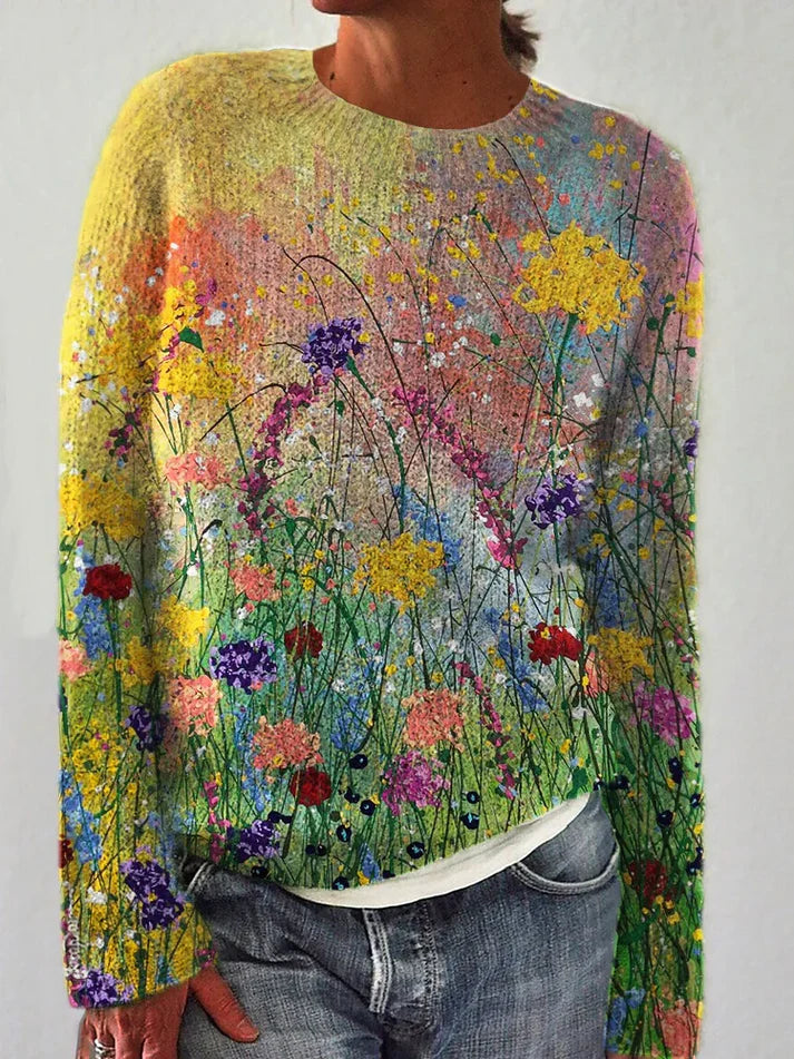 Damen Rundhalspullover Langen Ärmeln mit Blumenmuster