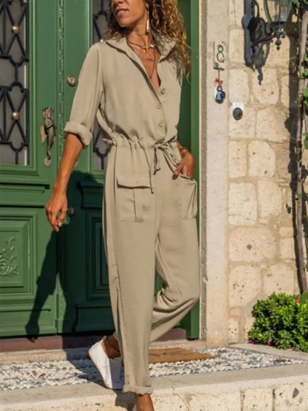 Damen-Jumpsuit mit langen Ärmeln und Kordelzug an der Taille