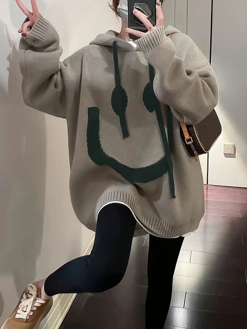 Damen Langarm-Kapuzenpullover mit Lächel-Design und Kordelzug