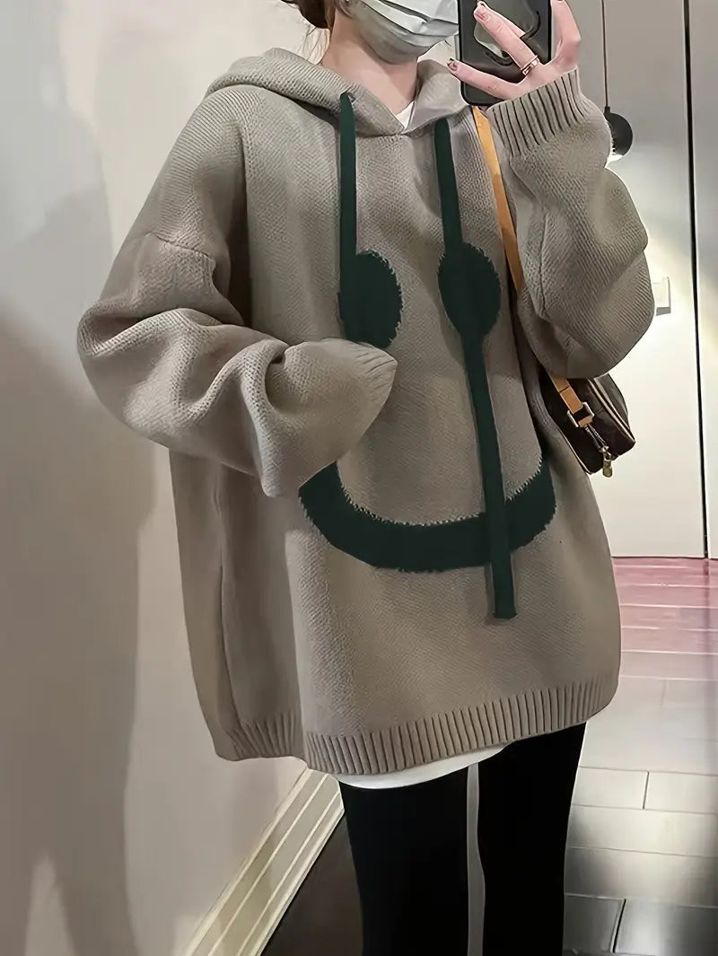 Damen Langarm-Kapuzenpullover mit Lächel-Design und Kordelzug