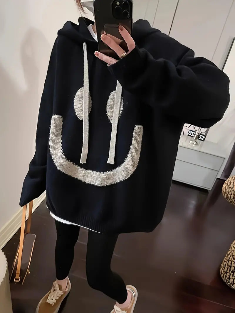 Damen Langarm-Kapuzenpullover mit Lächel-Design und Kordelzug