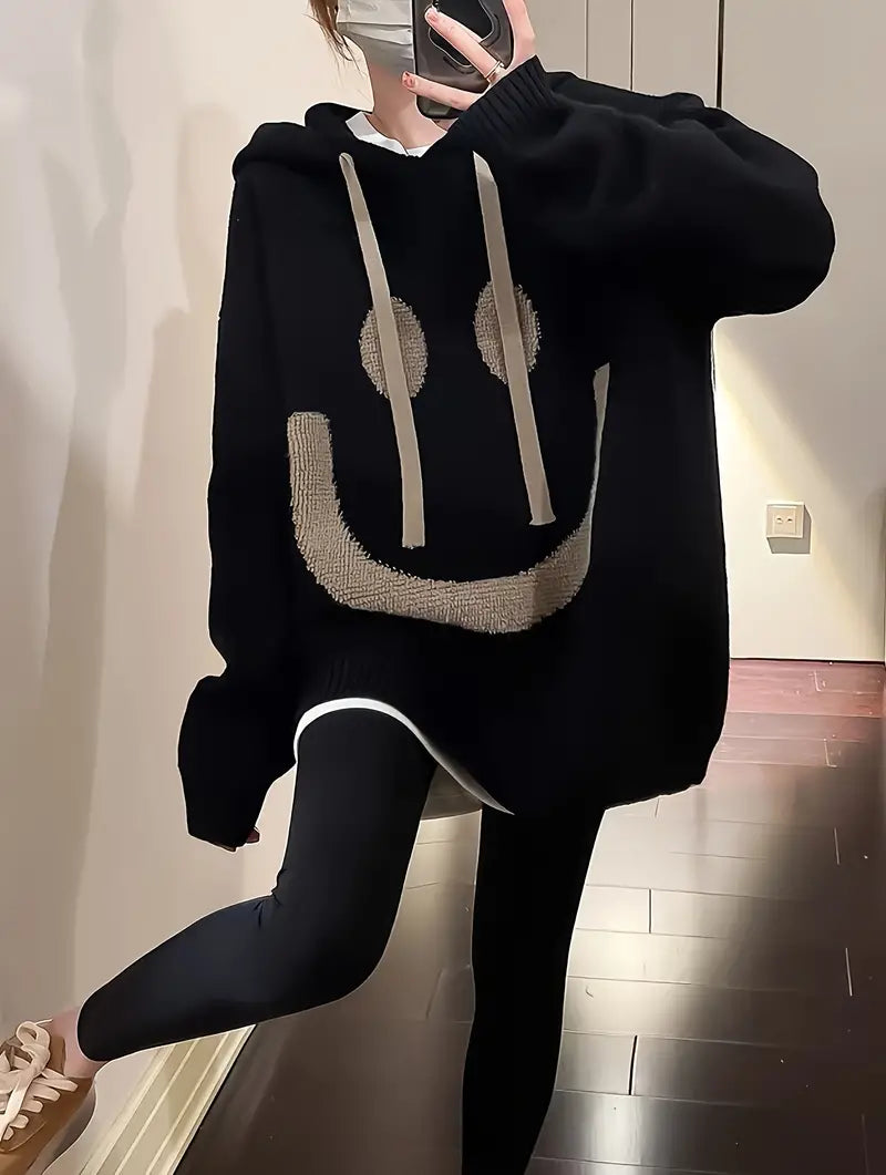 Damen Langarm-Kapuzenpullover mit Lächel-Design und Kordelzug