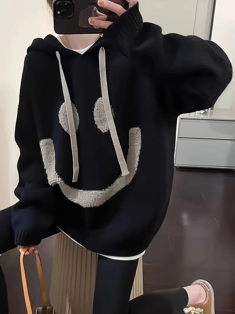 Damen Langarm-Kapuzenpullover mit Lächel-Design und Kordelzug