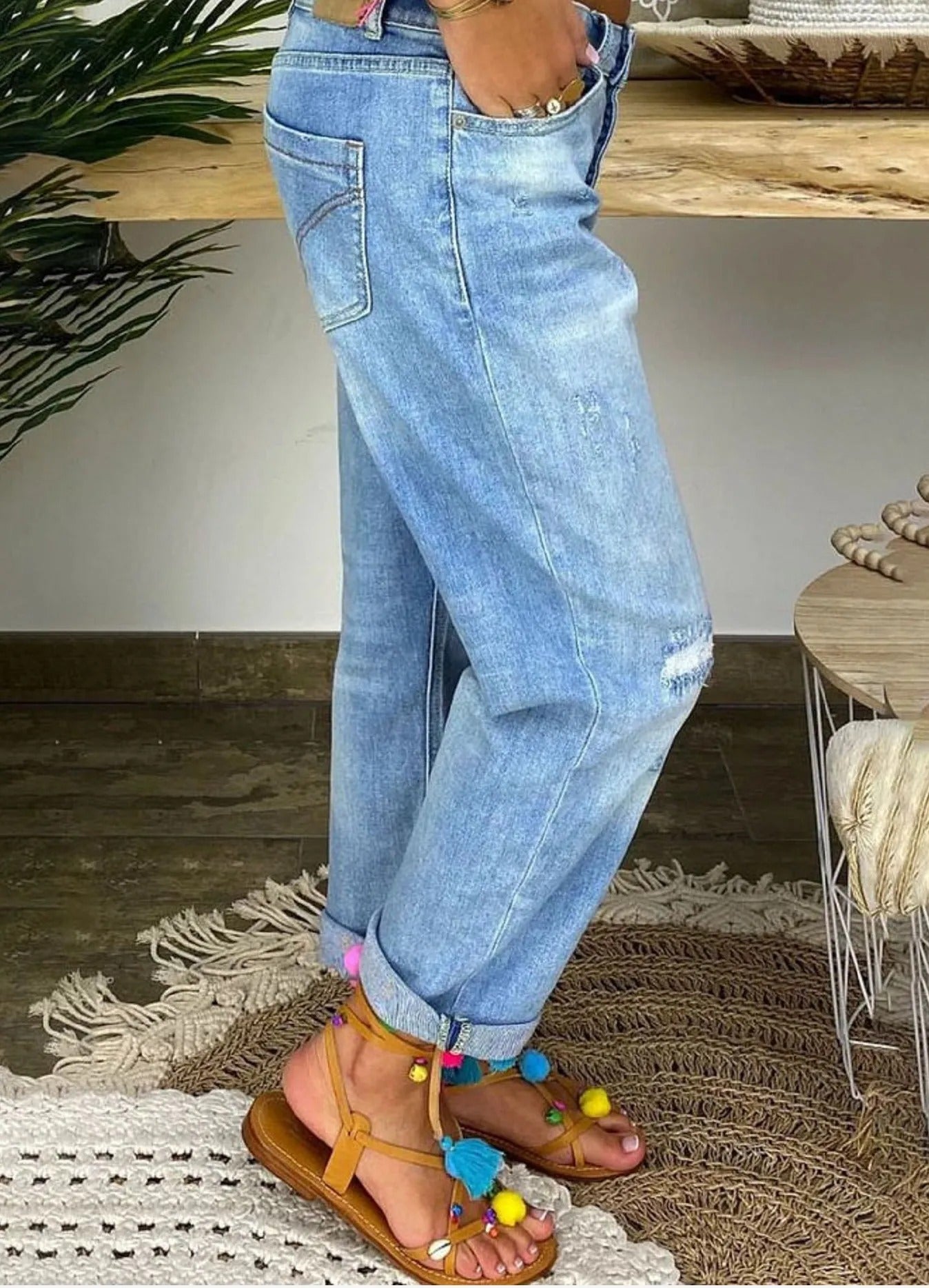 Damen Lockere Baggy Jeans mit Knopfleiste
