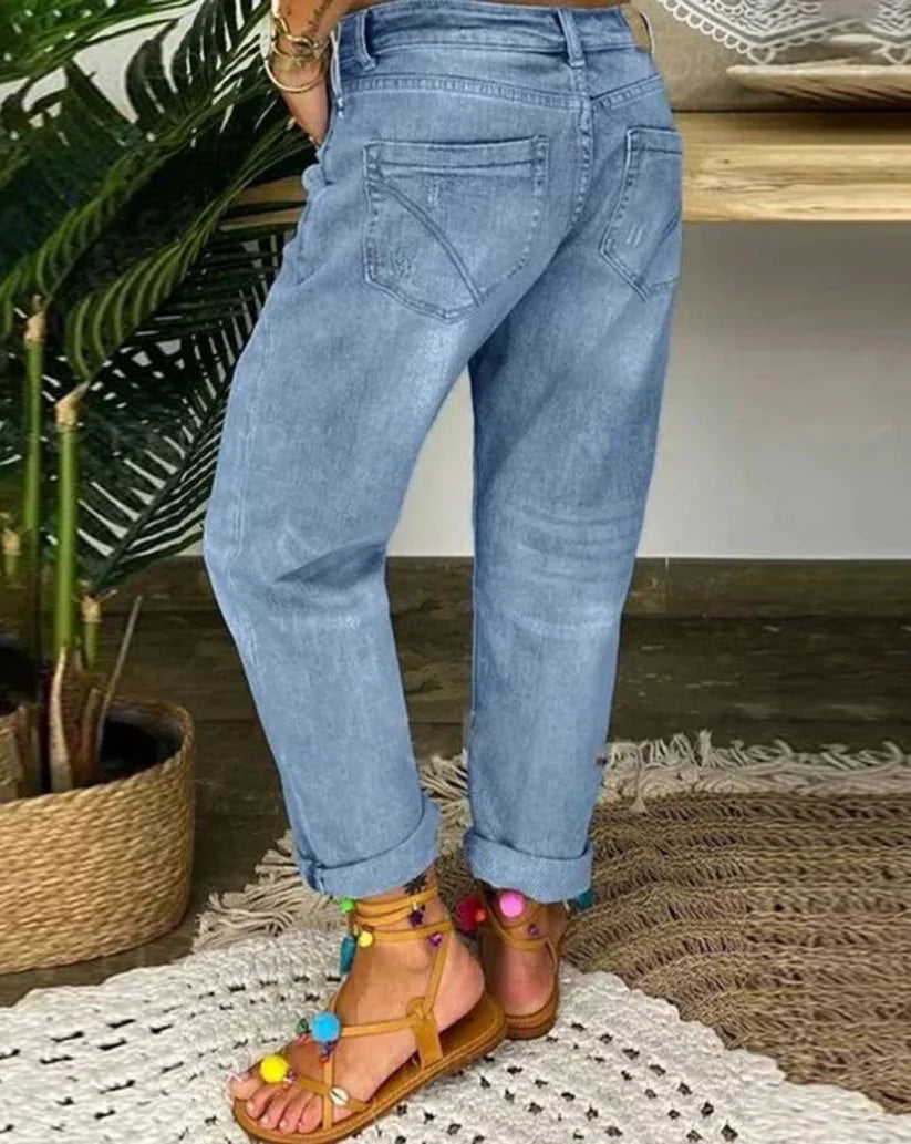 Damen Lockere Baggy Jeans mit Knopfleiste