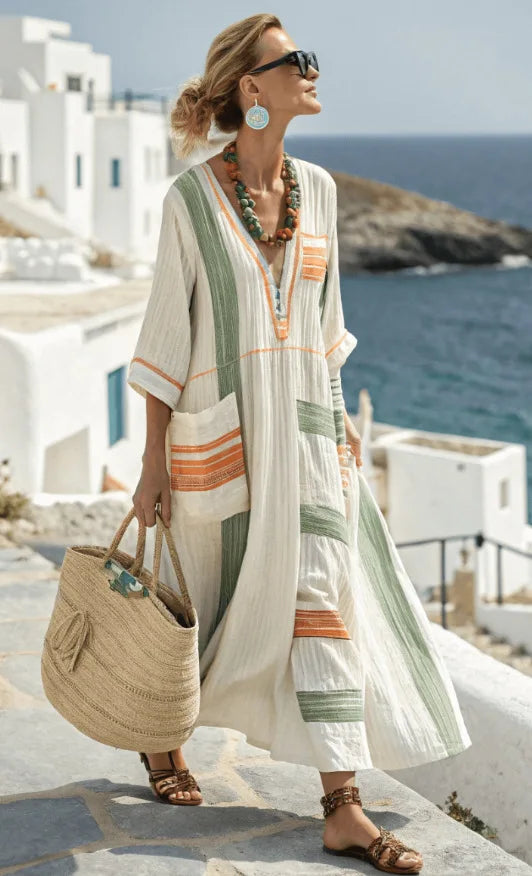 Damen Maxi Kleid mit Grafischen Streifen und V-Ausschnitt