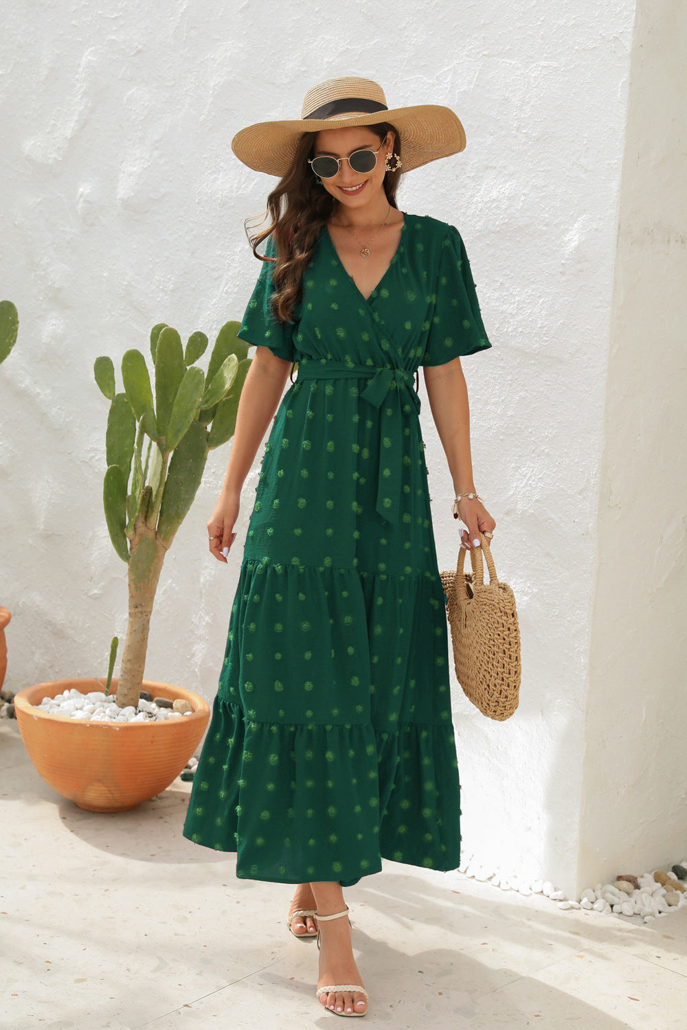 Damen Maxi Wickelkleid mit kurzen Ärmeln