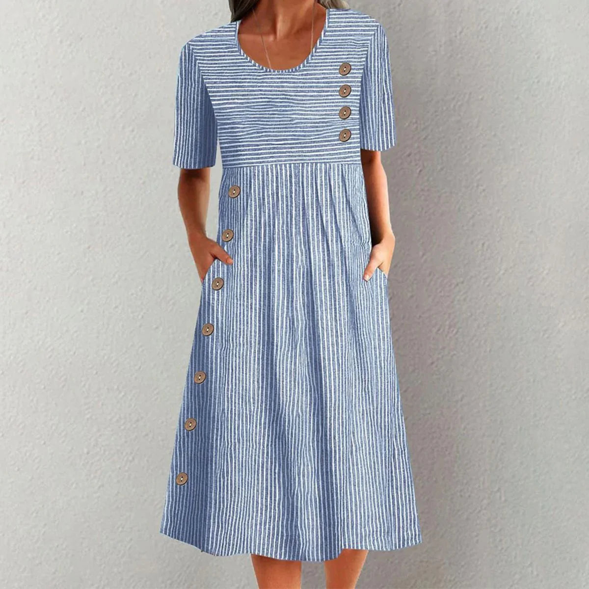 Damen Midikleid mit kurzen Ärmeln und Streifenmuster