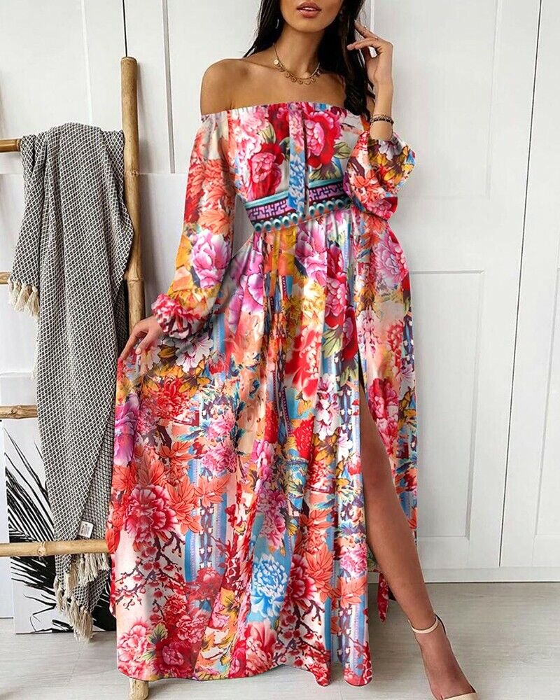 Damen Maxikleid Schulterfrei | Seitenschlitz
