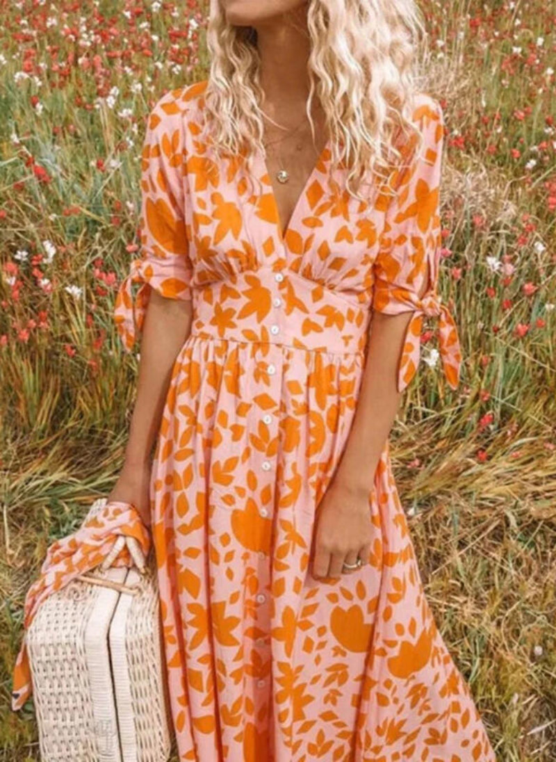 Damen V-Ausschnitt Maxi-Kleid | 3/4-Ärmel