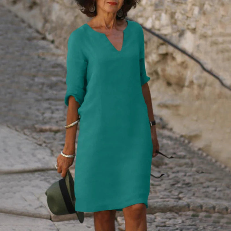 Damen Knielanges Kleid mit V-Ausschnitt | 3/4-Ärmel