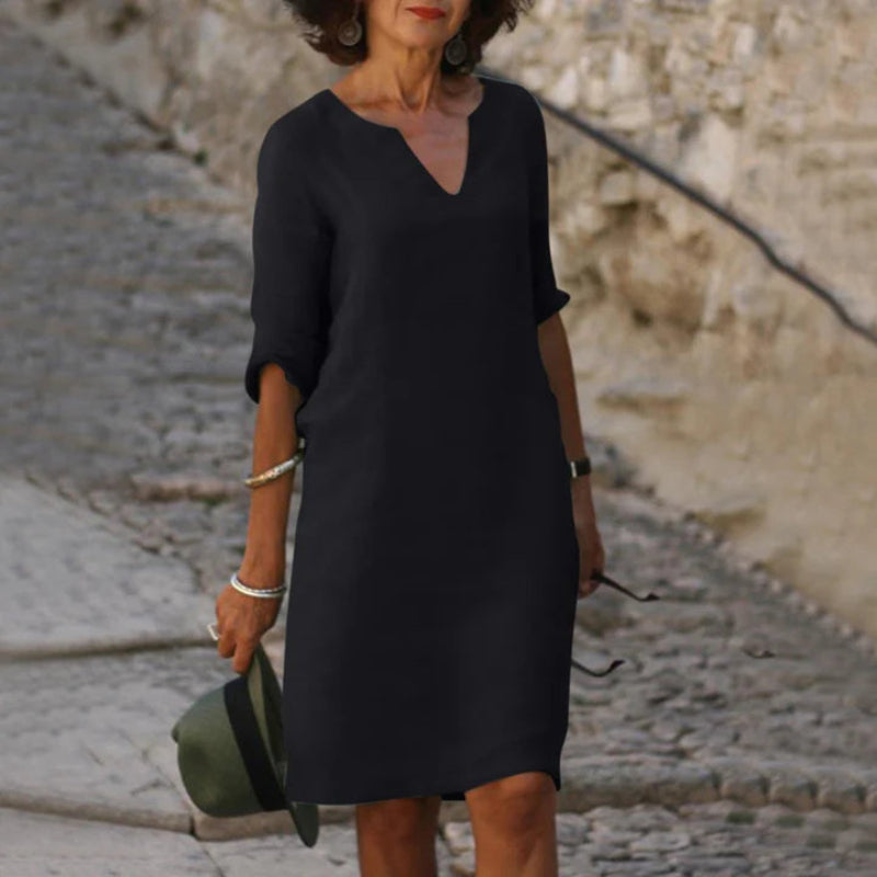 Damen Knielanges Kleid mit V-Ausschnitt | 3/4-Ärmel