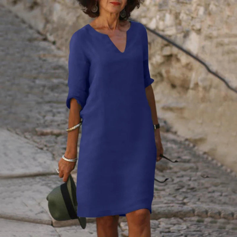Damen Knielanges Kleid mit V-Ausschnitt | 3/4-Ärmel