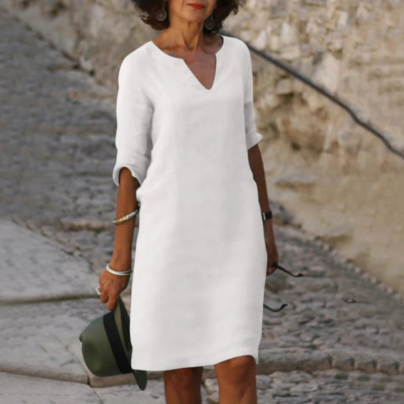 Damen Knielanges Kleid mit V-Ausschnitt | 3/4-Ärmel
