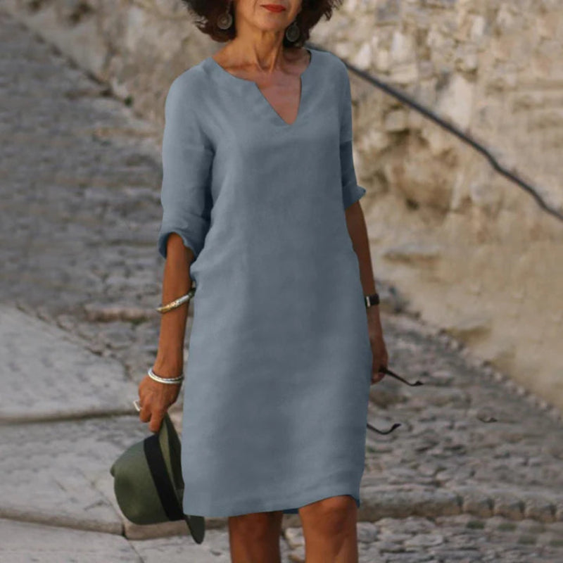 Damen Knielanges Kleid mit V-Ausschnitt | 3/4-Ärmel