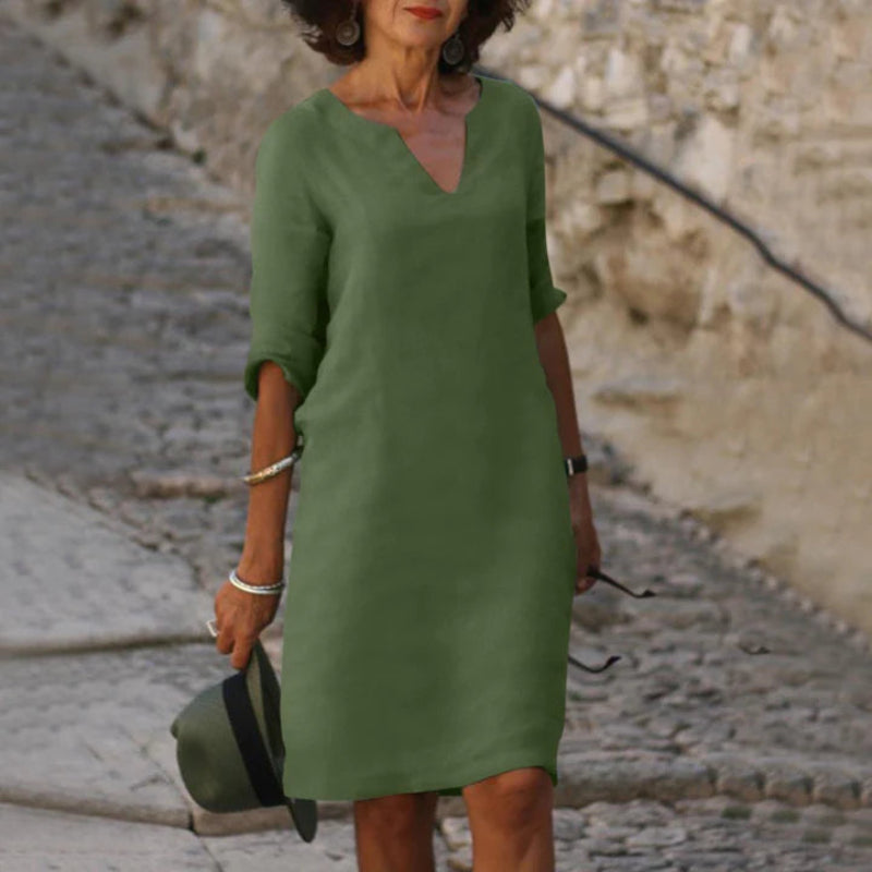 Damen Knielanges Kleid mit V-Ausschnitt | 3/4-Ärmel
