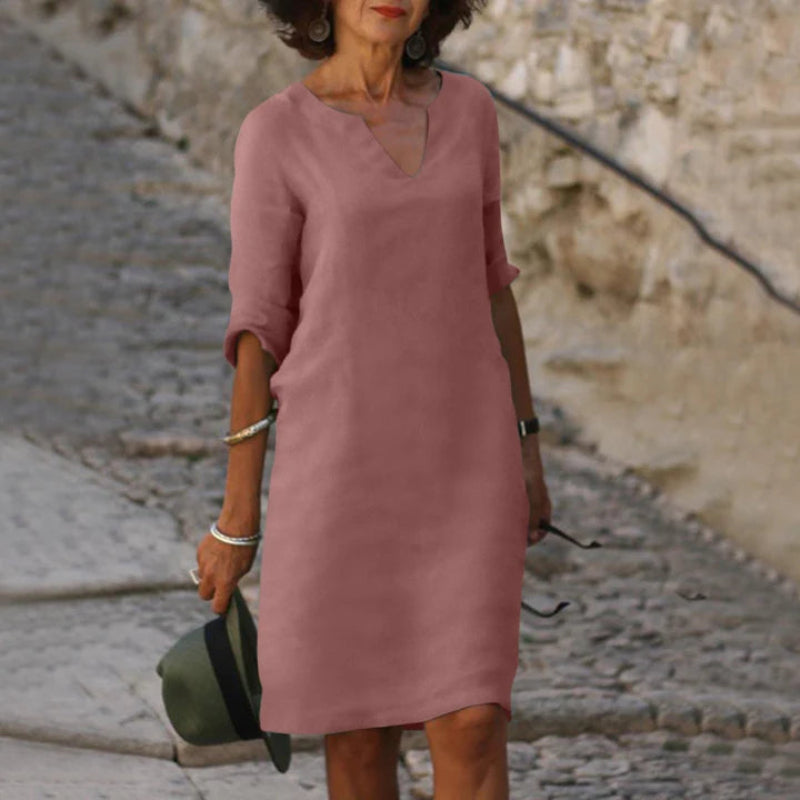 Damen Knielanges Kleid mit V-Ausschnitt | 3/4-Ärmel