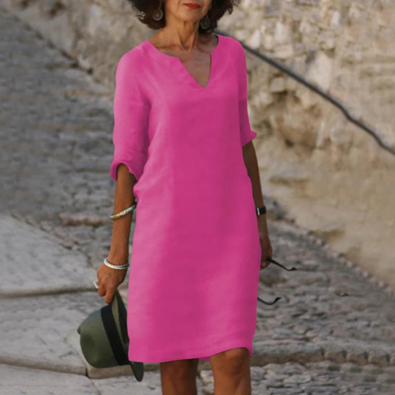 Damen Knielanges Kleid mit V-Ausschnitt | 3/4-Ärmel