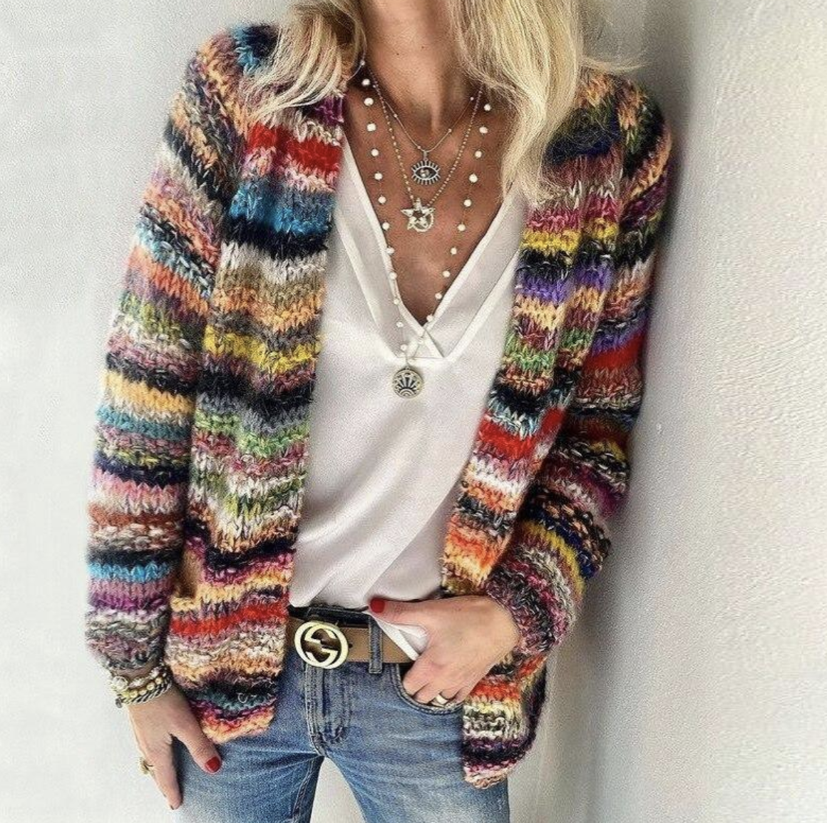Damen Langärmliger gestreifter Strickjacke