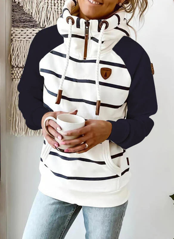Damen Pullover Hoodie Gestreiftes Langarm