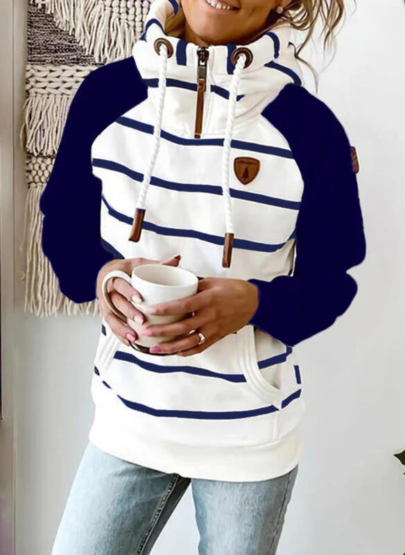 Damen Pullover Hoodie Gestreiftes Langarm