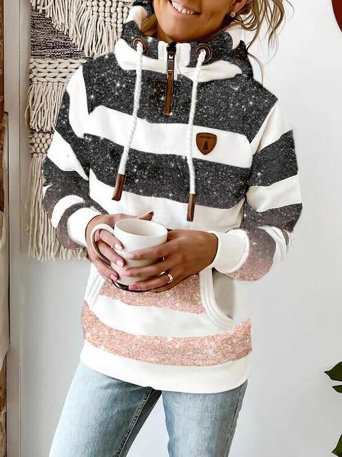Damen Langärmeliges Gestreifter Glitzer-Hoodie