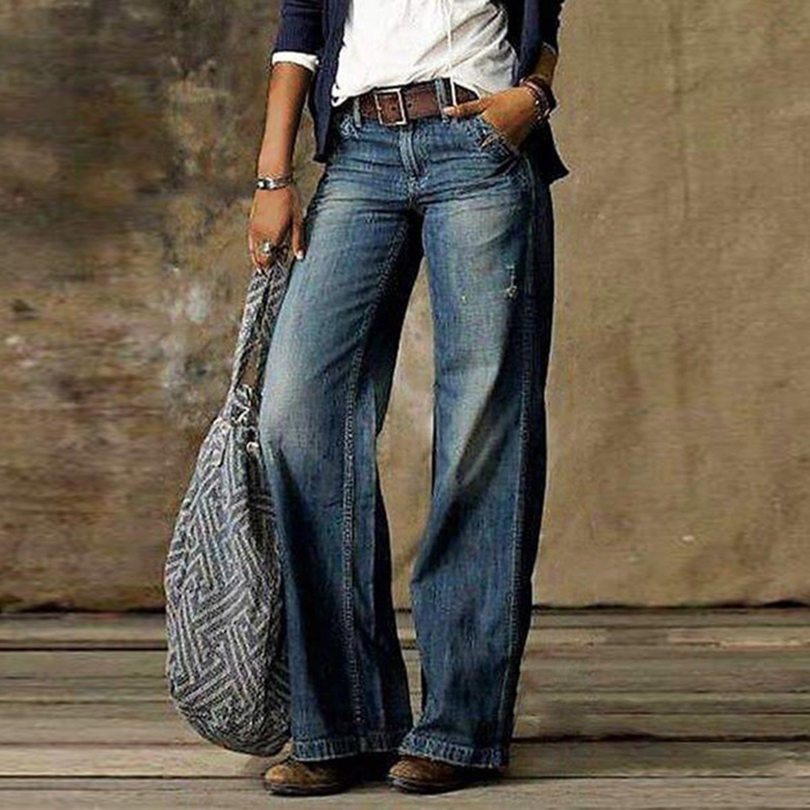 Damen Weites Bein Jeans mit Flacher Taille