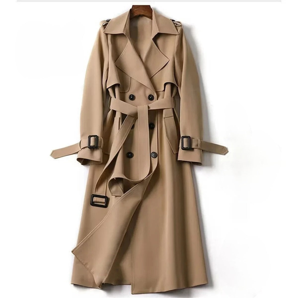 Langer, zweireihiger Damen-Trenchcoat mit abnehmbarem Gürtel 0