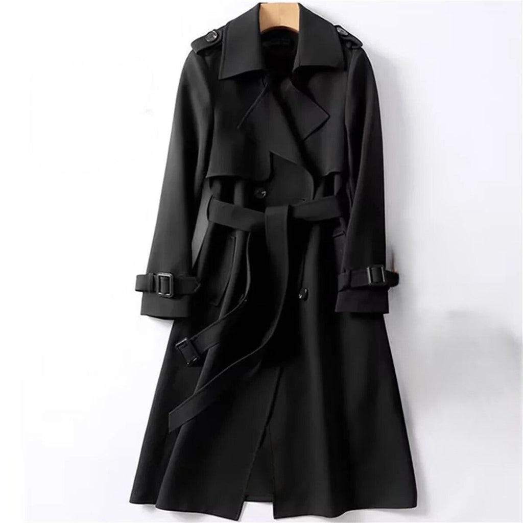 Langer, zweireihiger Damen-Trenchcoat mit abnehmbarem Gürtel 1