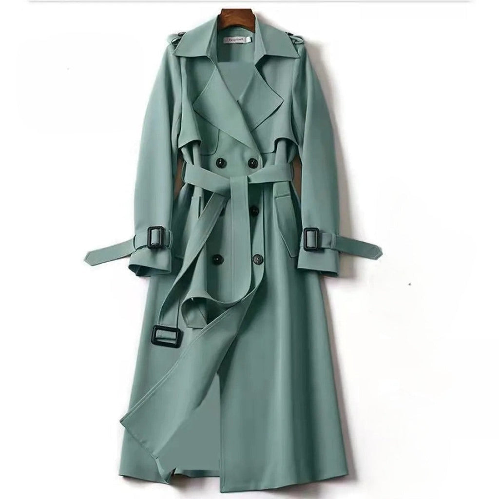 Langer, zweireihiger Damen-Trenchcoat mit abnehmbarem Gürtel 4