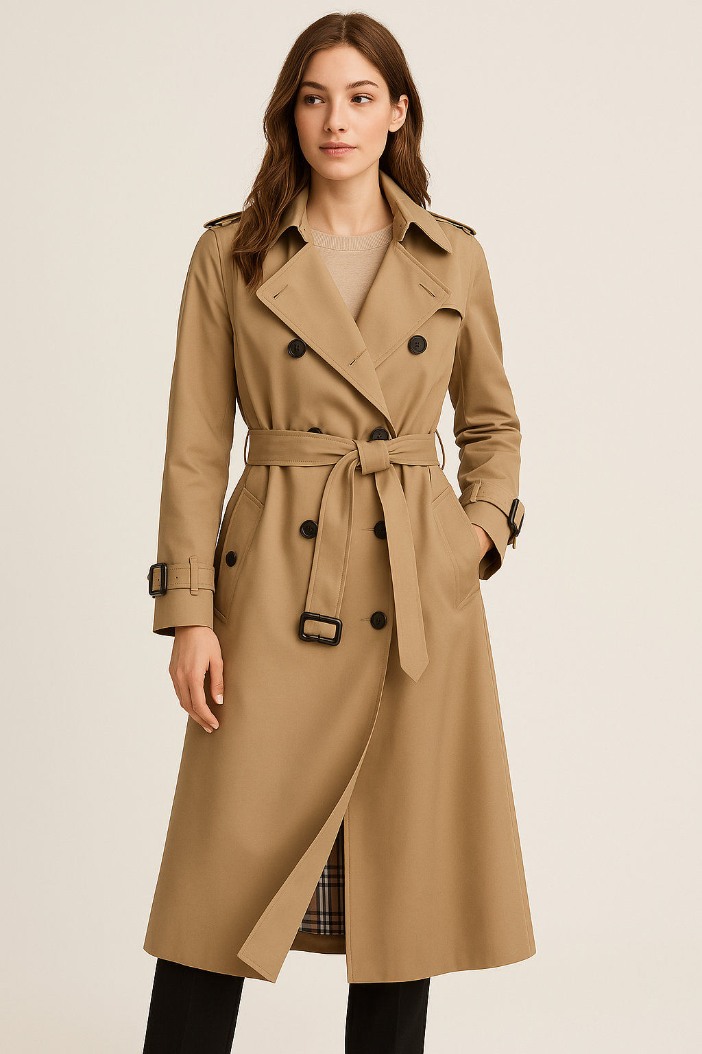 Langer, zweireihiger Damen-Trenchcoat mit abnehmbarem Gürtel 6