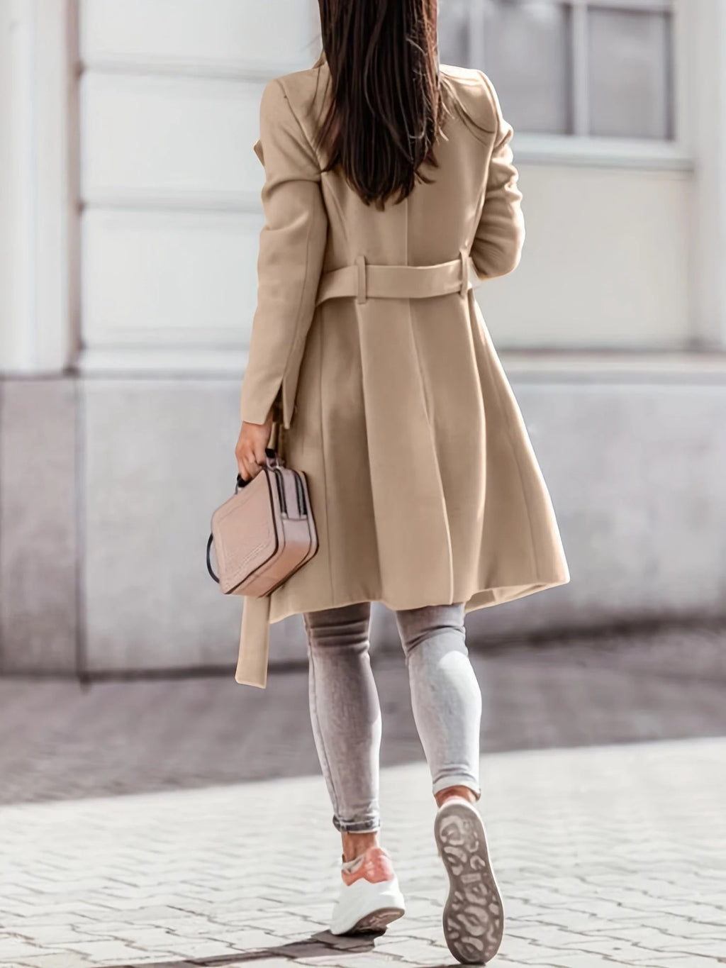 Midi-langer Zweireiher-Trenchcoat für Damen