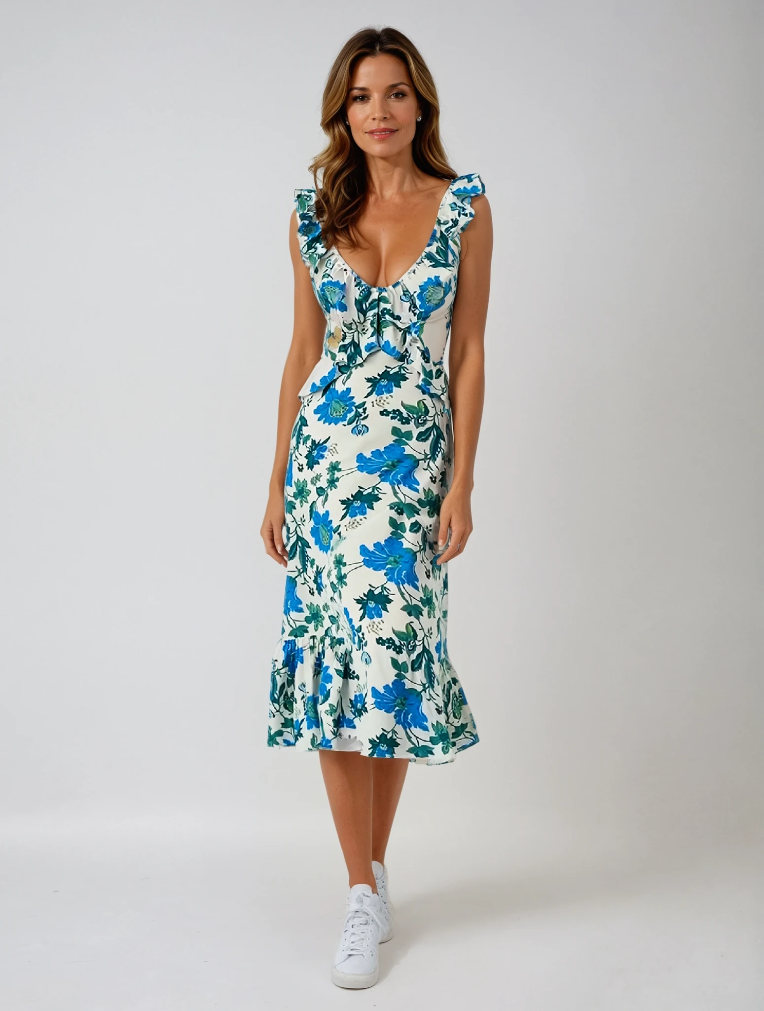 Geblümtes Midikleid mit Volantsaum für Damen