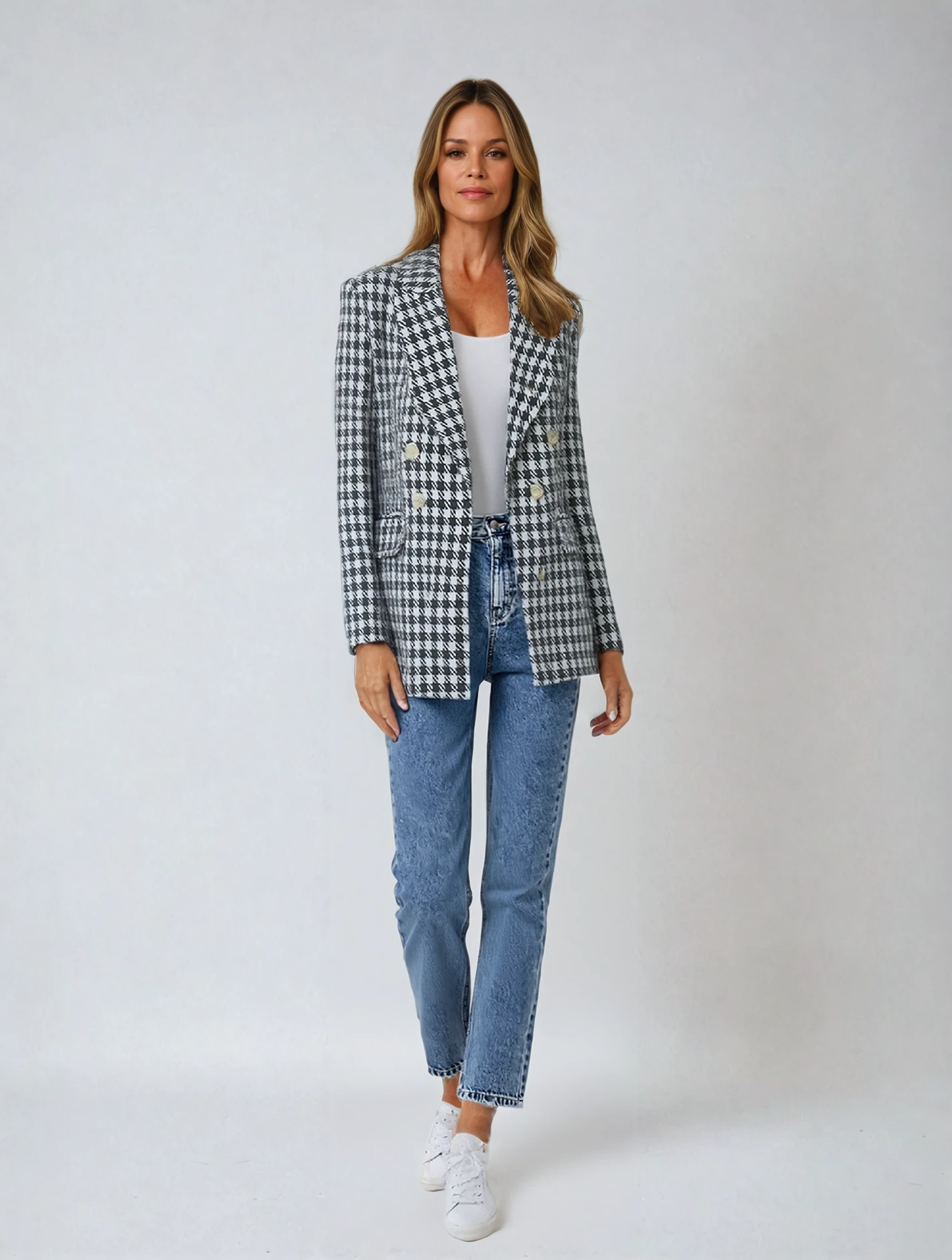 Doppelreihiger Hahnentritt-Blazer mit Knöpfen für Damen