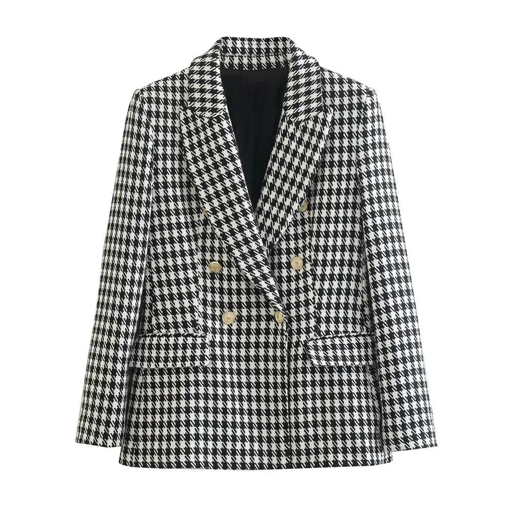 Doppelreihiger Hahnentritt-Blazer mit Knöpfen für Damen